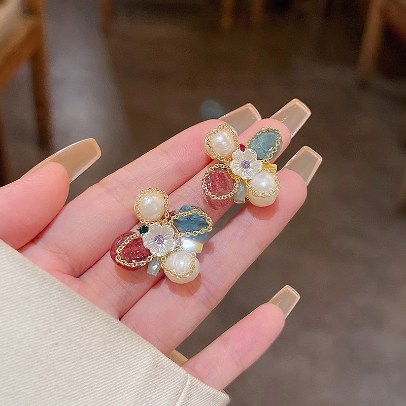 Anting Tusuk Bentuk Bunga Kristal Bahan 925 silver