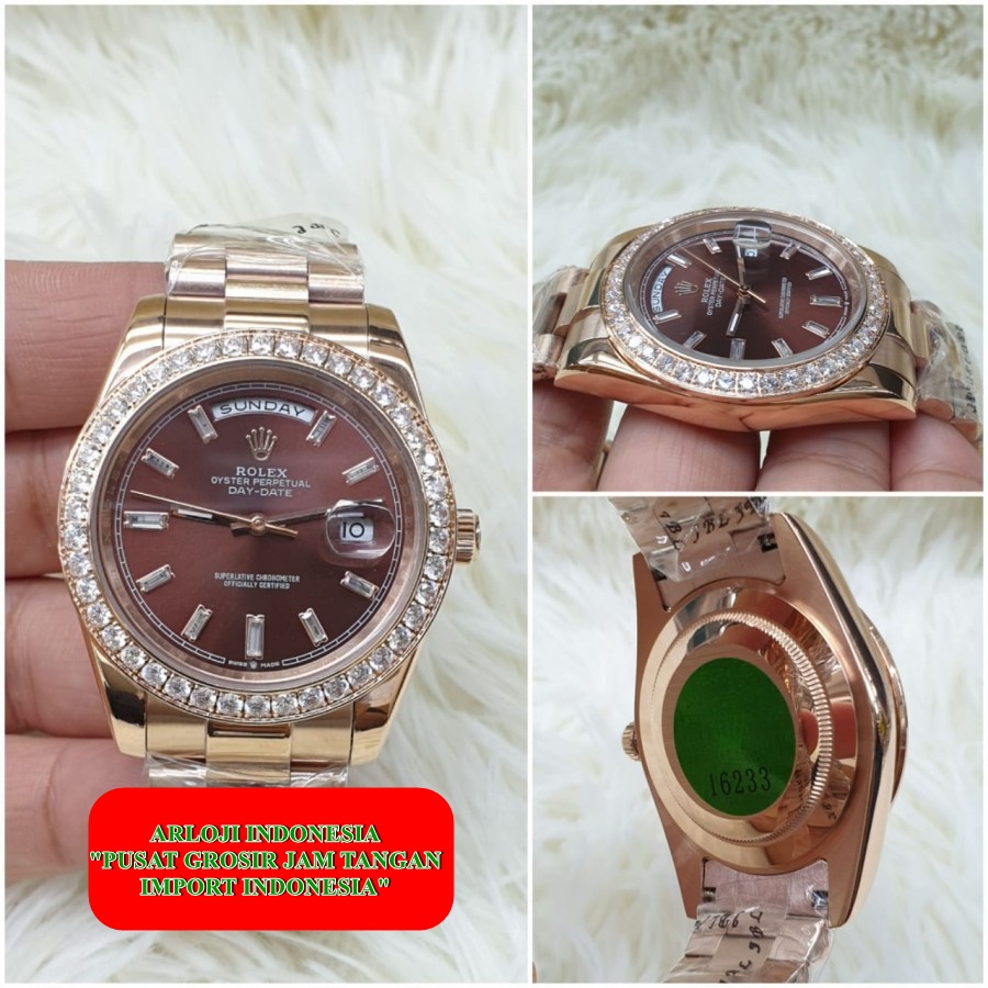 New Jam Pria Rolex Daydate Rosegold Diamond Bezel Matic Garansi 1th