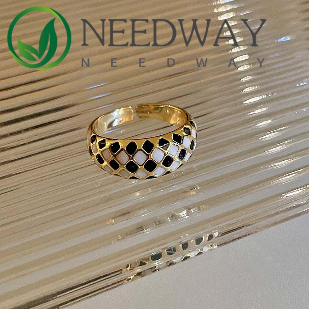 Needway  Women Girls Checkerboard Grid Rings Romantic Open Rings Metal Rings Dripping Oil Gold Color Black White Grid Geometric Adjustable Vintage Korean Style