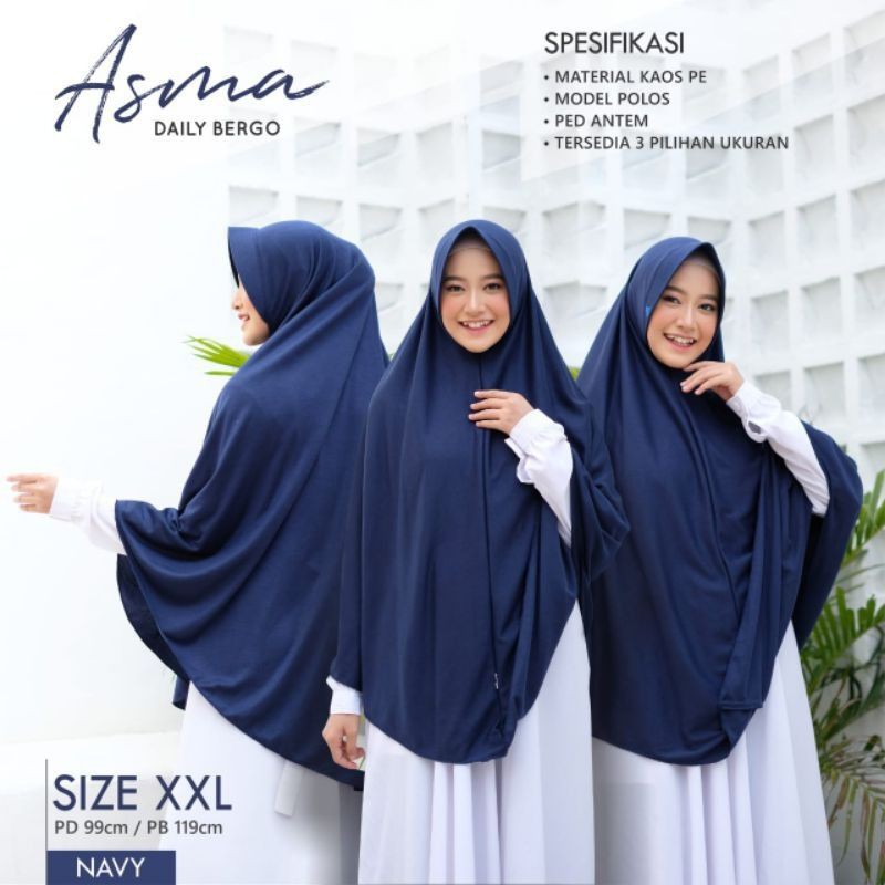 Bergo/hijab/khimar basic Asma pet antem size L, XL, XXL bahan kaos PE adem dan nyaman