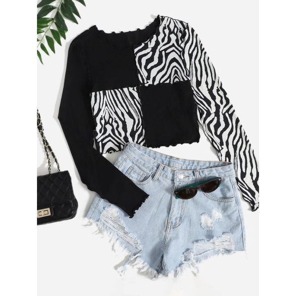 SHEIN Zebra Stripe Seam Side Scoop Neck Top