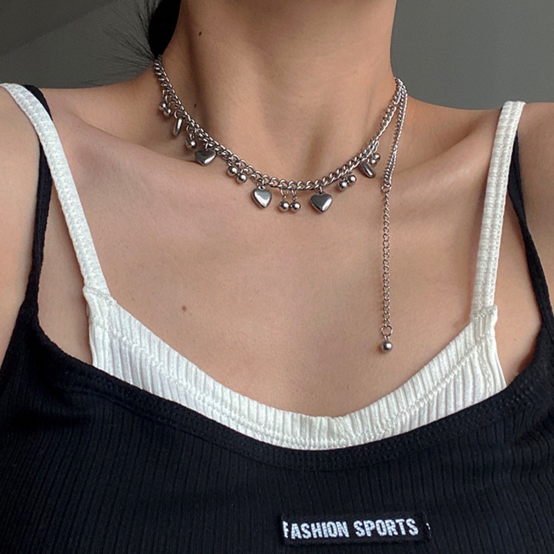 Kalung Rantai Dengan Liontin Bola Manik-Manik Hati Gaya Korea Retro Untuk Wanita