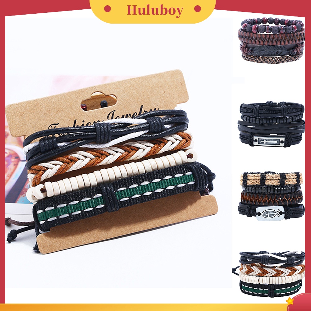 Hu Hu Hu Hu Hu Alat Bantu Pasang Kacamata♡ 4pcs / Set Gelang Tali Kulit Imitasi Multilayer Adjustable Untuk Pria