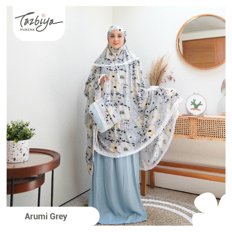 Mukena Tazbiya Arumi Series Grey/Cream/Maroon Jumbo Katun Rayon Adem Motif Cantik