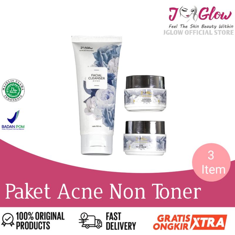 Jglow Skincare Paket Acne Whitening Cream Skin glowing Perawatan Wajah Berjerawat Beruntusan Bpom-Paket Acne Non Toner