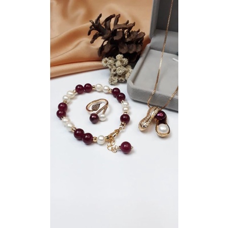 Mutiara Lombok Asli | Set  Kalung+ liontin model kacang, gelang dan  cincin rhodium mutiara air tawa