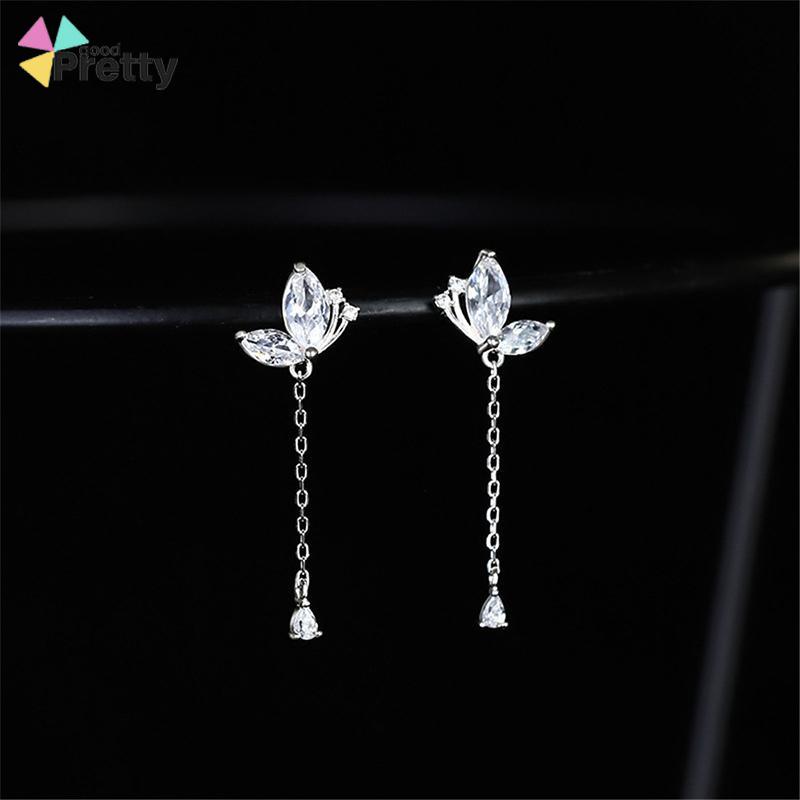 Anting Kupu-kupu Rumbai Drop Earrings Retro French Temperamen Indah Flash Diamond Earrings - PD