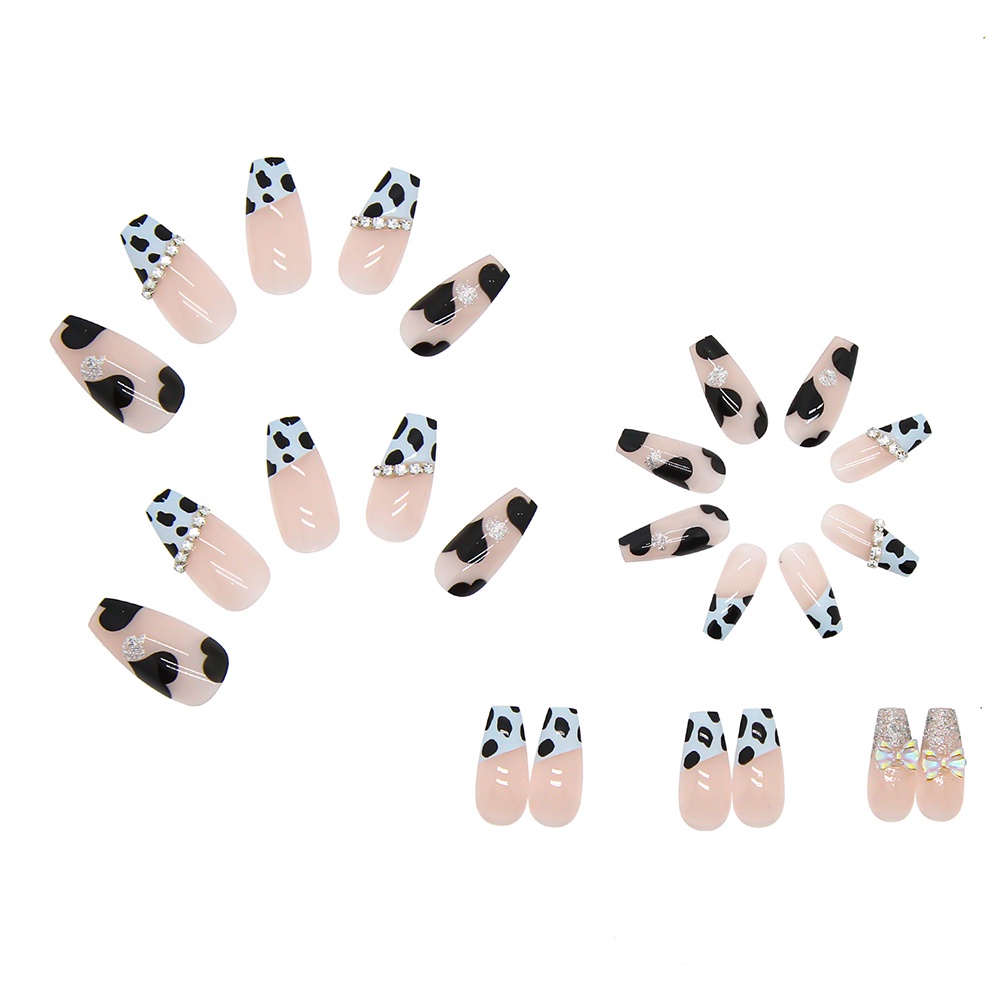 【COD Tangding】24pcs / set Kuku Palsu Motif Leopard / Hati / Pita Tahan Air Untuk Manicure