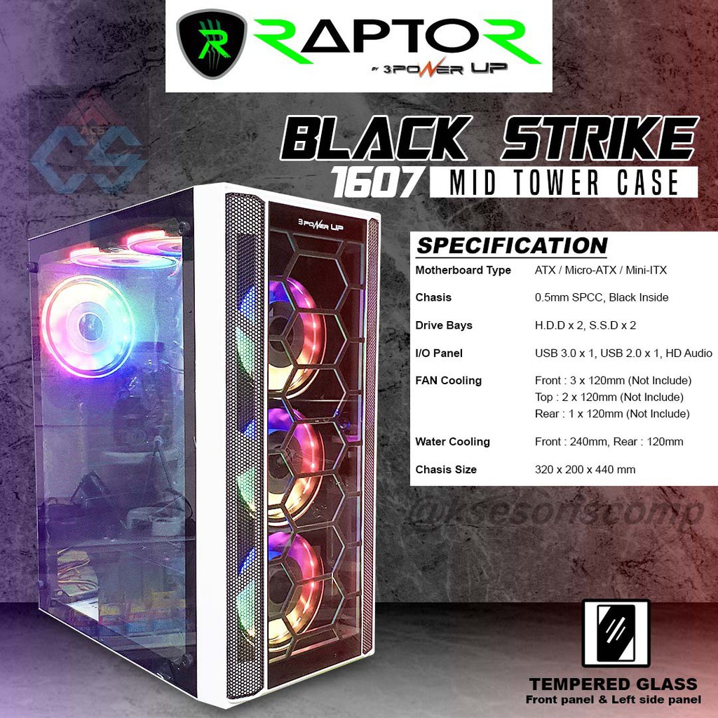 Casing Gaming PowerUp Raptor 1607 White - Casing Gaming Black Strike