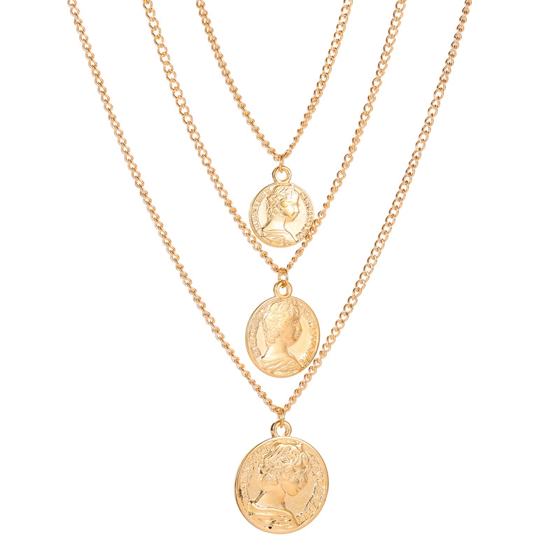 Kalung Logam Tiga Lapis Yang Stylish Gaya Bohemian Rantai Sweater Kepala Koin Liontin