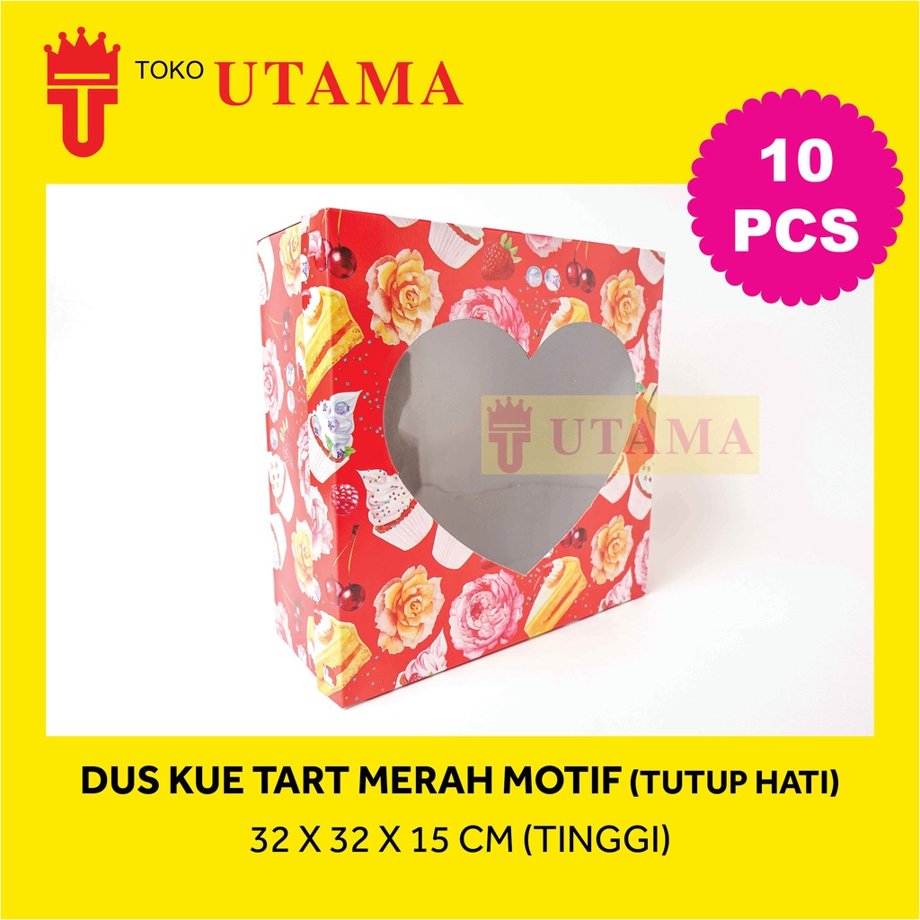 (10pcs) 32 x 32 x 15 CM Tinggi Dos DUS DUPLEX Kue Tart Merah Motif Cetak Tutup HATI