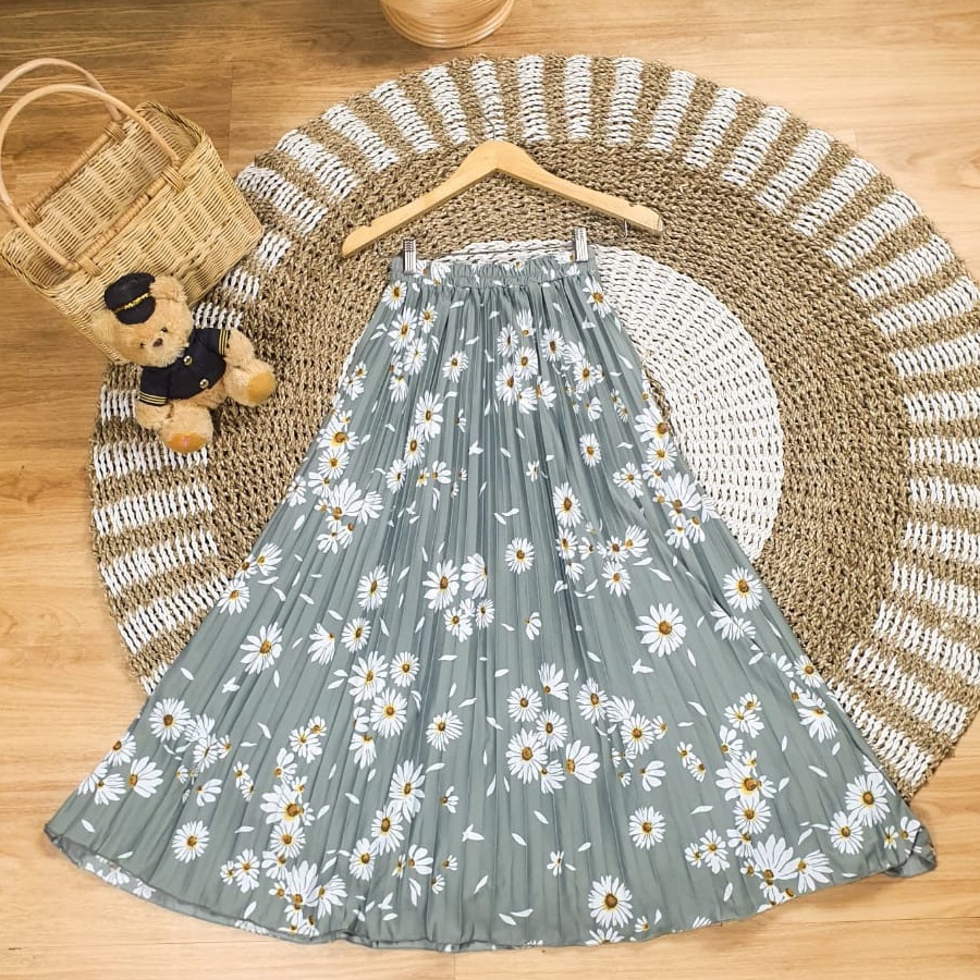 (BISA COD) Rok plisket motif bunga matahari panjang  premium tebal bawahan Wanita remaja jumbo polos