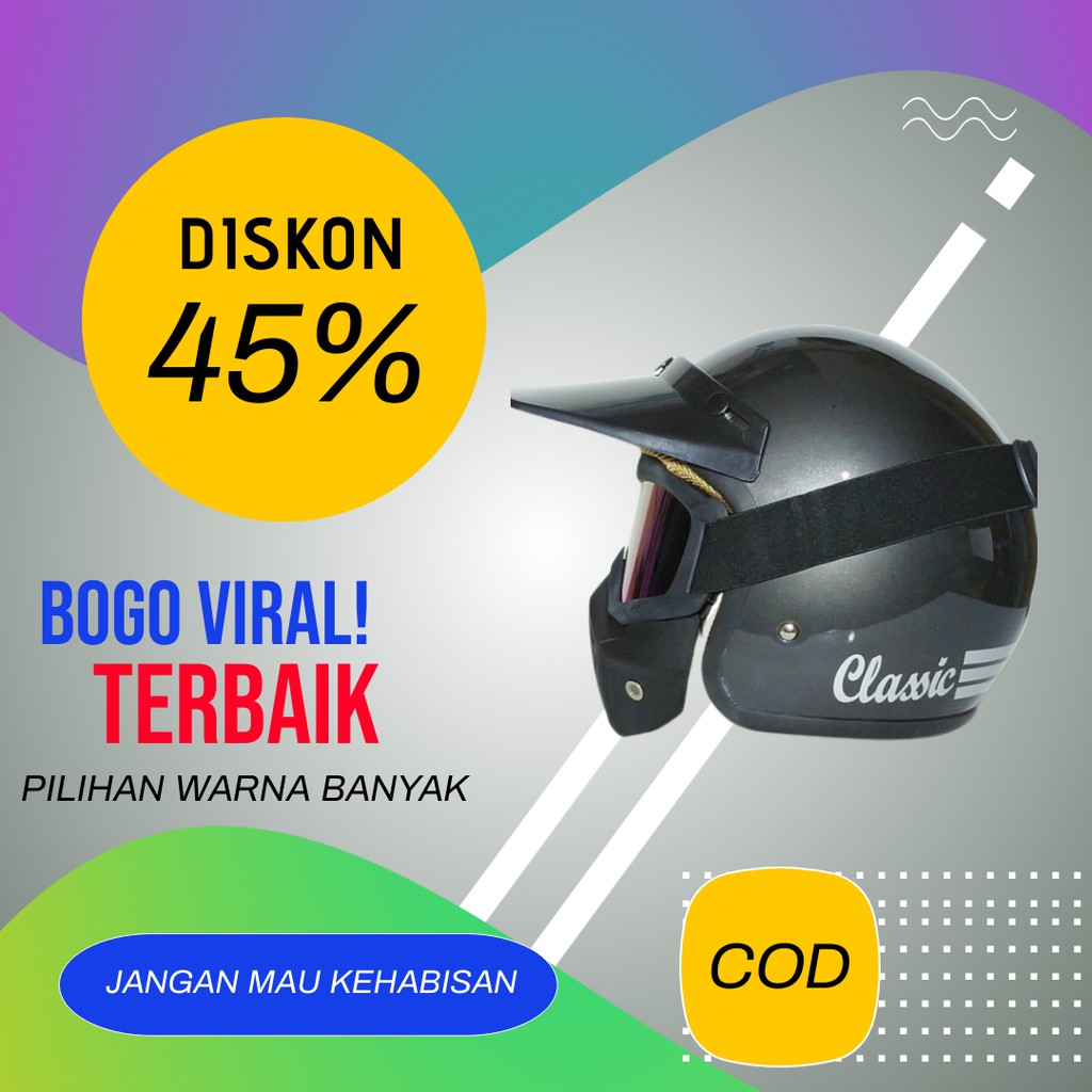HELM BOGO CLASSIC STRIP KACA MATA GOOGLE CEWE COWO DEWASA SNI RETRO POLOS ORIGINAL - LIS HITAM