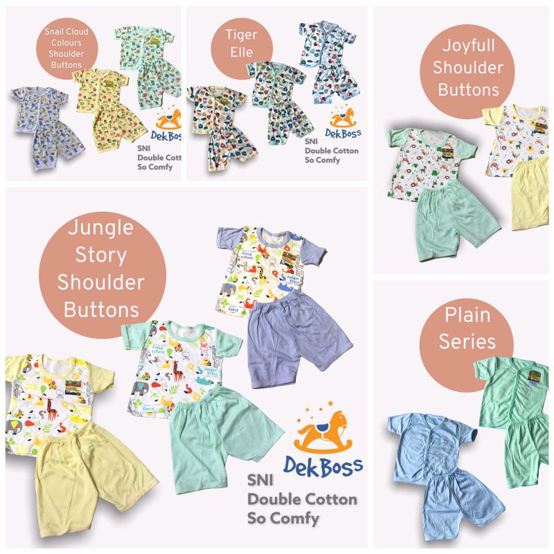 Setelan bayi lengan pendek aneka motif ada kancing depan | Set bayi laki laki perempuan 6 12 18 bulan | Stelan bayi kancing pundak | Baju harian bayi murah | Baju dan celana bayi sni