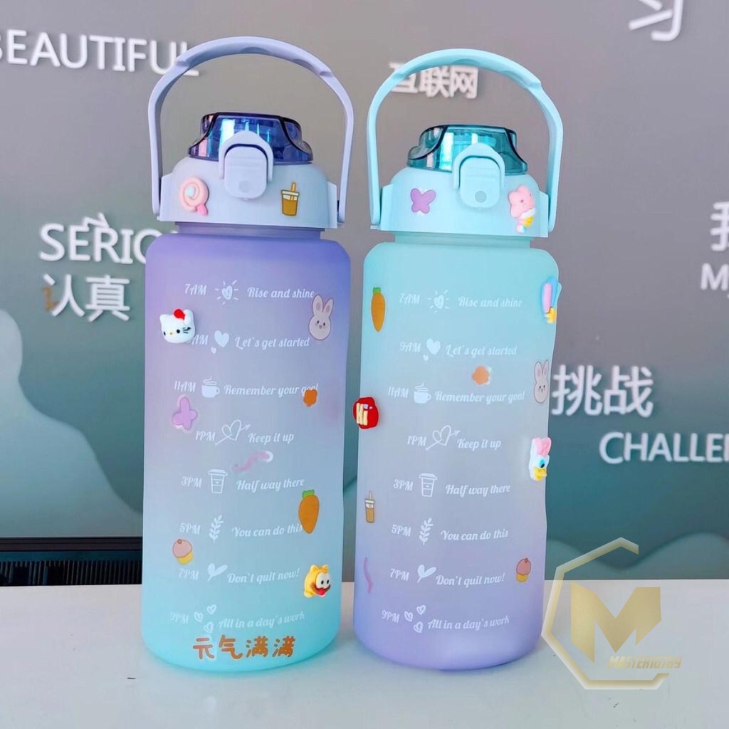 RT61 botol minum tumbler korea warna gradasi pelangi penanda waktu ukuran besar 2 liter 2000ml 2l MA2600