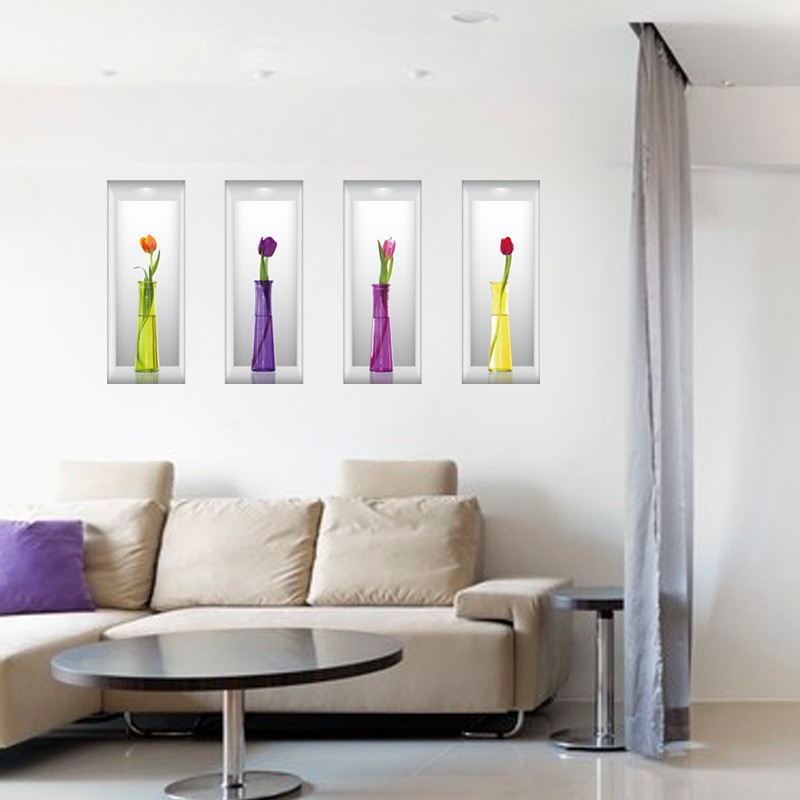 Reliza Wall Sticker Four Tulip Vase Flowers Stiker Dinding LDR Bingkai Pot