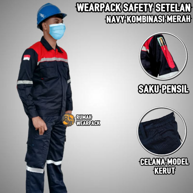 Wearpack Proyek dan Celana Kerja Setelan Warna Navy Kombinasi Merah