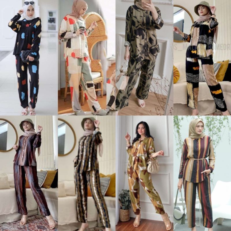 ONESET SETELAN KEMEJA PAJAMAS PIYAMA MOTIF KEKINIAN RAYON PREMIUM TWILL