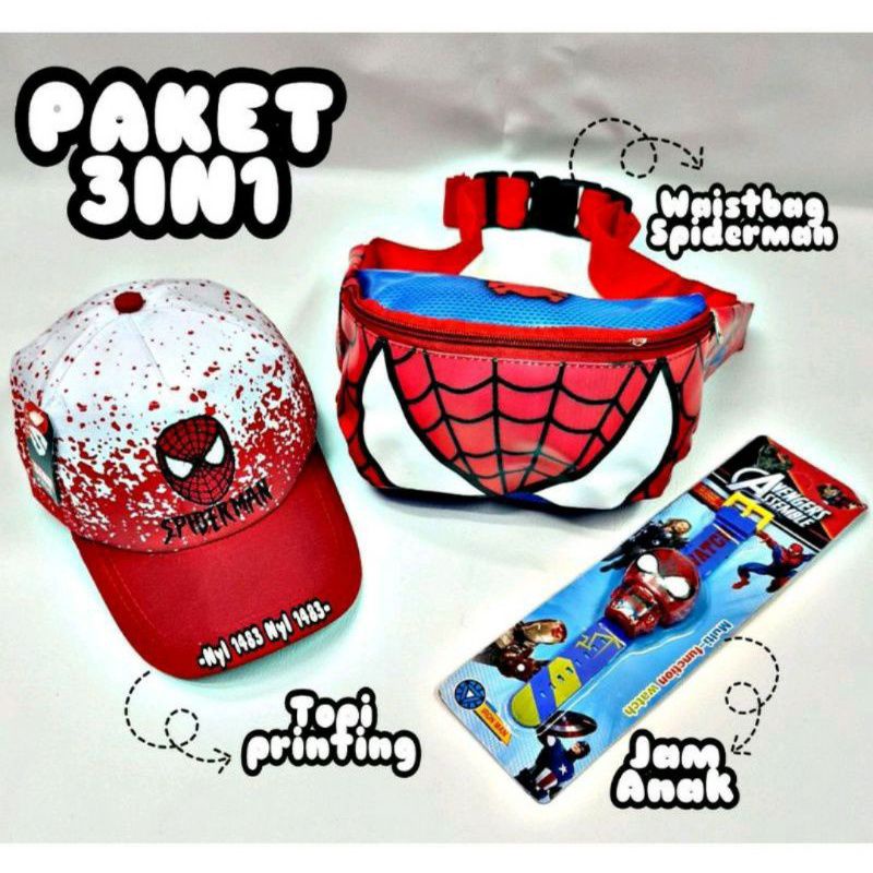 waistbag anak karakter spiderman 3in1 - tas + topi + jam tangan