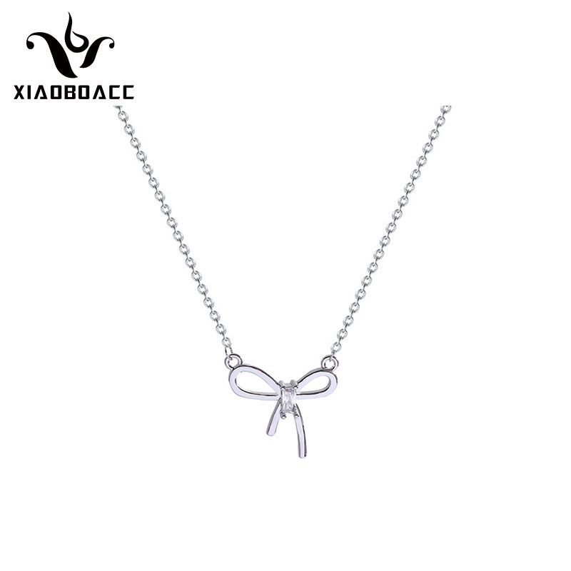 XiaoboACC Kalung Rantai Titanium Steel Liontin Pita Hias Berlian Imitasi Untuk Wanita - 38CM + 6CM