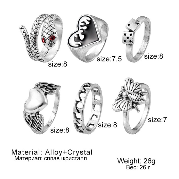 6pcs / Set Cincin Desain Hati / Ular / Lebah / Dadu Warna Silver Gaya Punk / Gothik Untuk Pria / Wanita