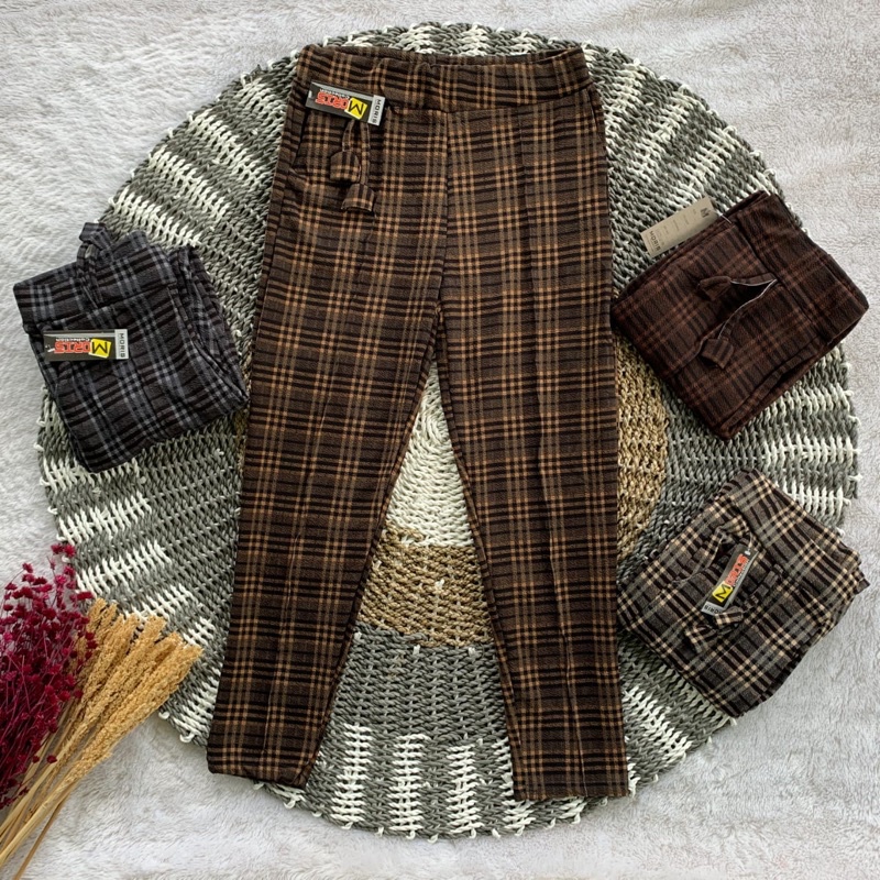 CELANA PANJANG JUMBO BIG SIZE TARTAN PANTS MOTIF KOTAK KOTAK WAFEL WANITA BAHAN MELAR PINGGANG KARET UKURAN BESAR