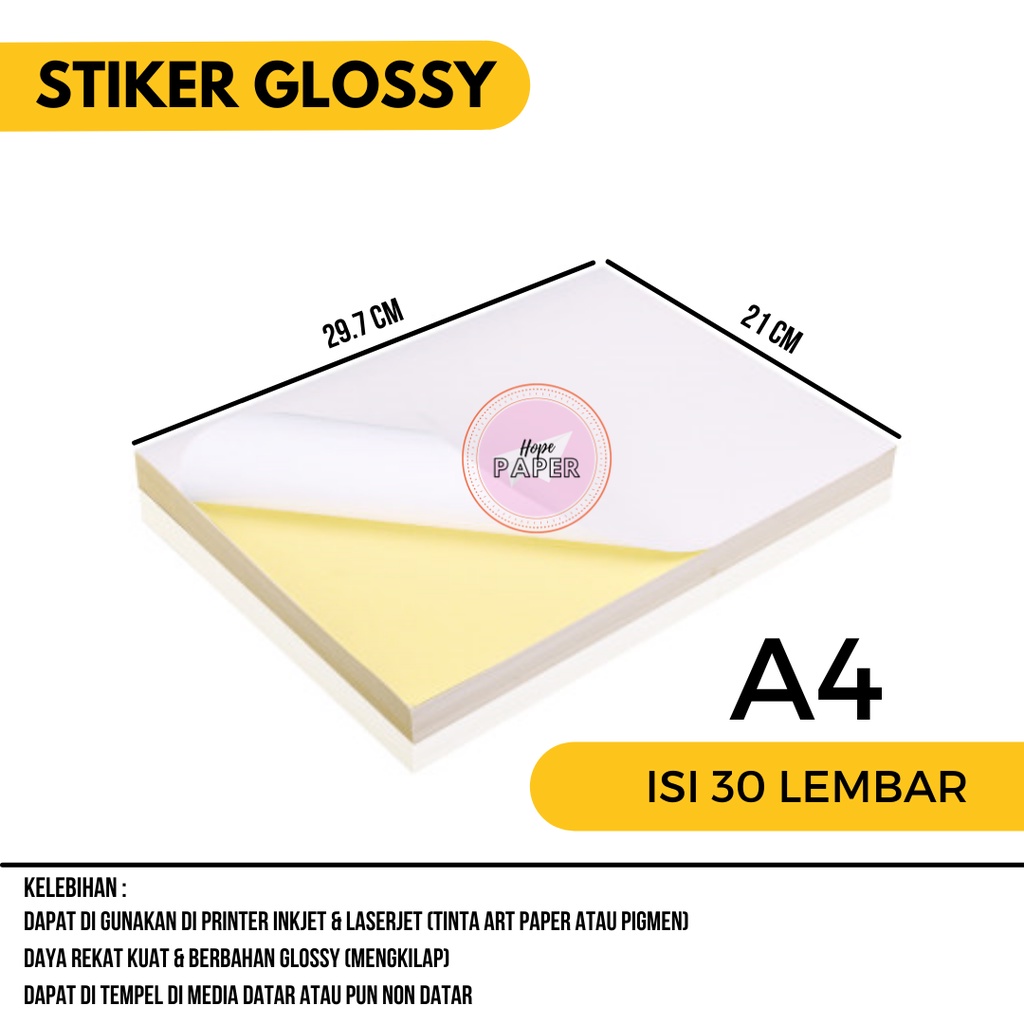 

Kertas Stiker Glossy A4 30 lembar / Stiker Glossy A4 / Stiker Chromo A4