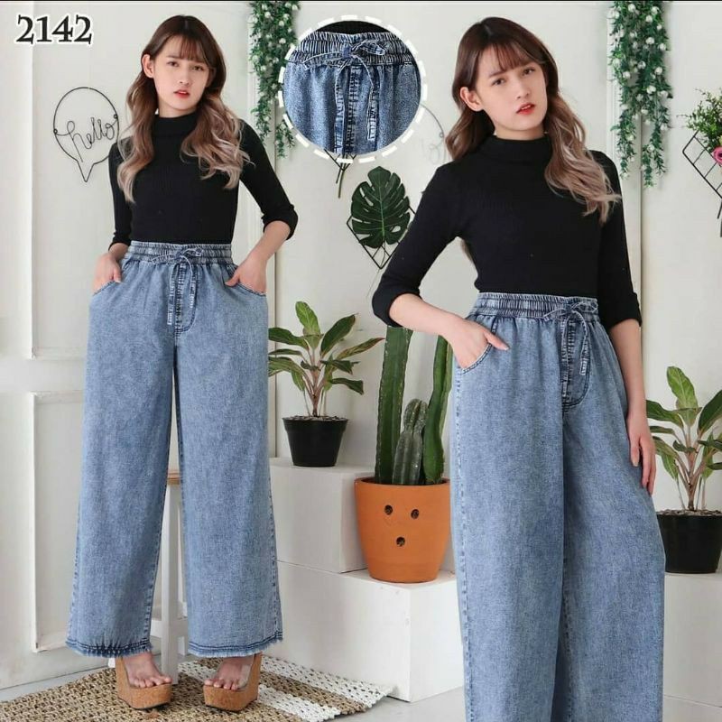 Jeans kulot rawis - kulot Jeans tali pinggang - allsize fit xl - pinggang karet - bahan denim