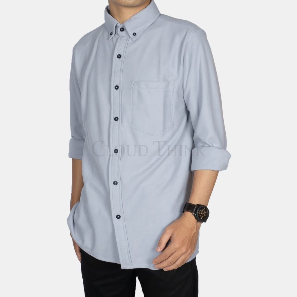 Kemeja Lengan Panjang Pria Warna Light Grey Original Brand Cloud Think bahan Pique