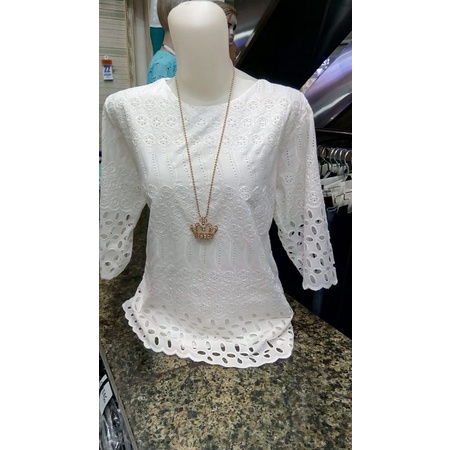 Atasan Kebaya Brokat Bolong Modern Elegan Mewah Lengan 3/4 Terbaru | Kebaya Wanita Katun Putih Dewas