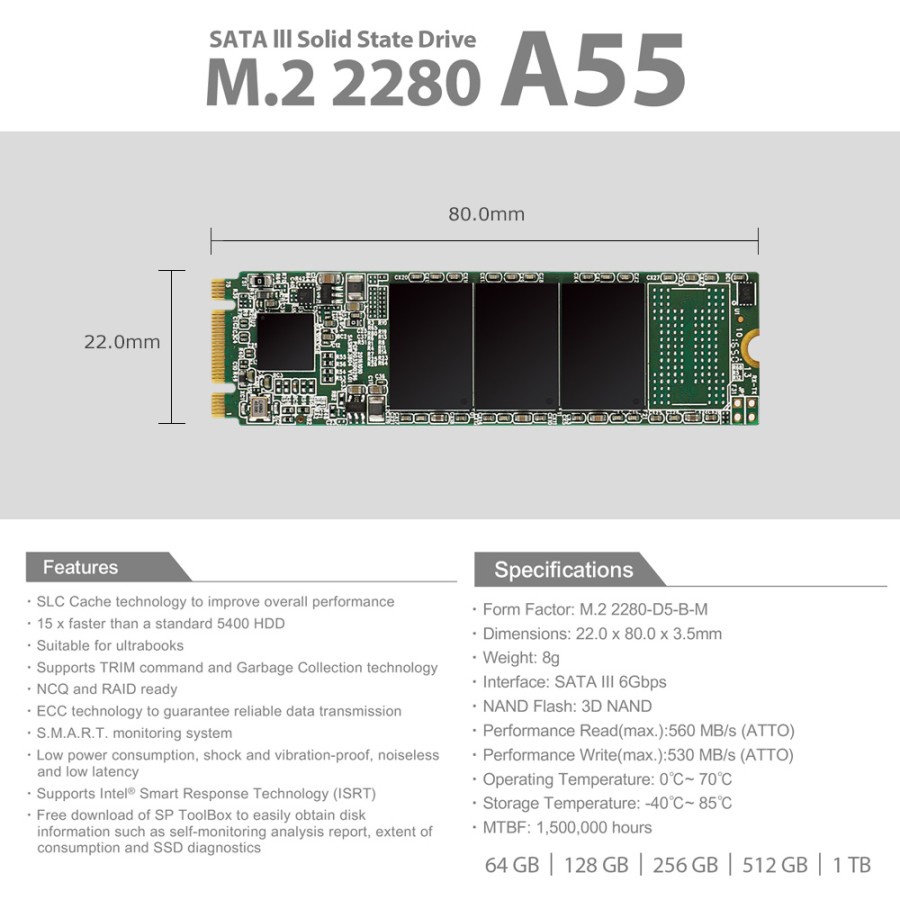 Silicon Power A55 SSD M.2 2280 SATA III 3D - SSD 1TB