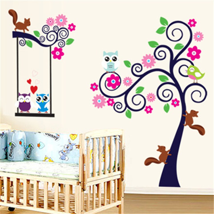 Reliza Wall Sticker Pohon Owl Tree Bird Colorfull Stiker Dinding LDR