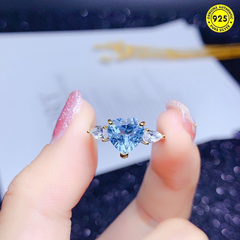 Cincin Batu Permata Topaz Biru Langit Bentuk Hati Model Terbuka