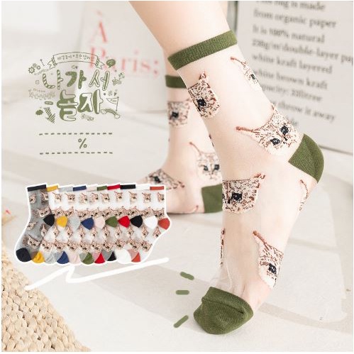 KKT-68 Kaos Kaki Korea Transparan Kekinian Motif Kepala Kucing Cat