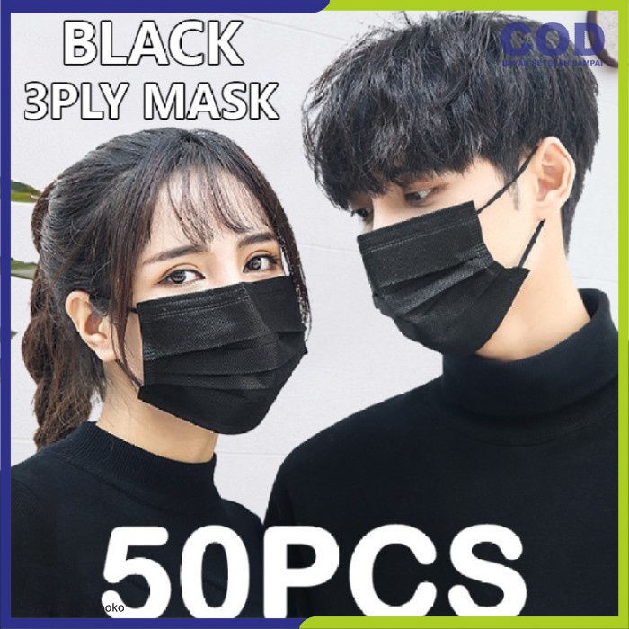 Masker 3 PLy 3ply Earloop Medical Grade Hitam Black Edition isi 50