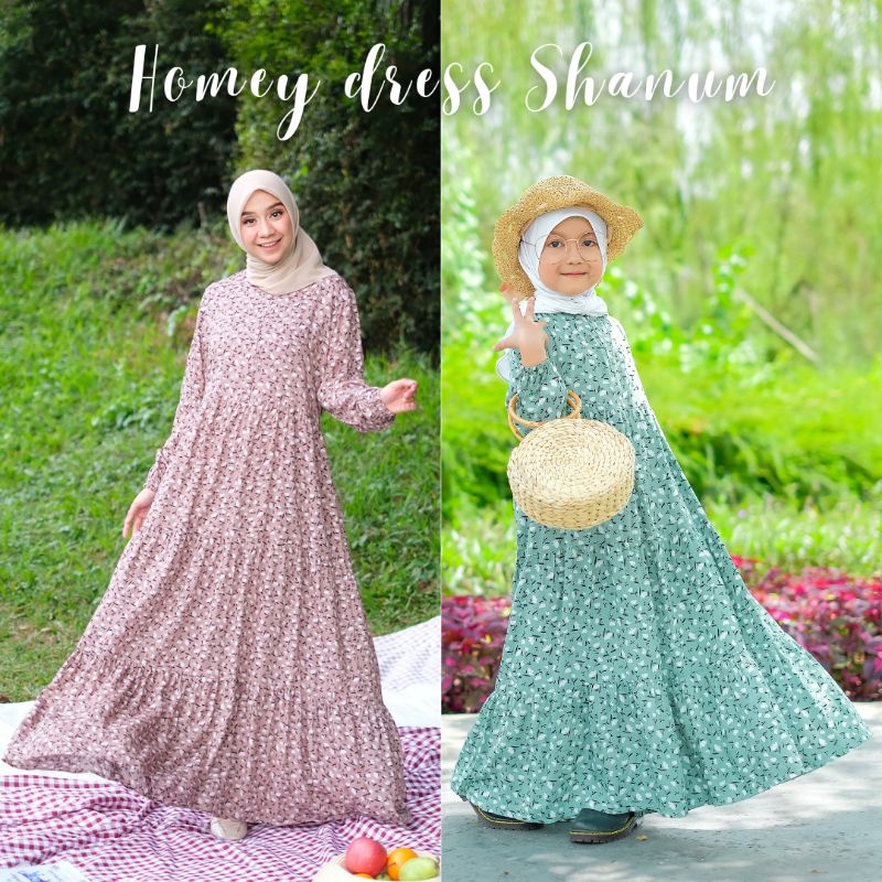 Gamis Dewasa Jumbo/Homey Dress Shanum Couple -Gamis Anak Usia 4 sd 12 tahun-Bahan Katun Rayon Premium Motif Flower