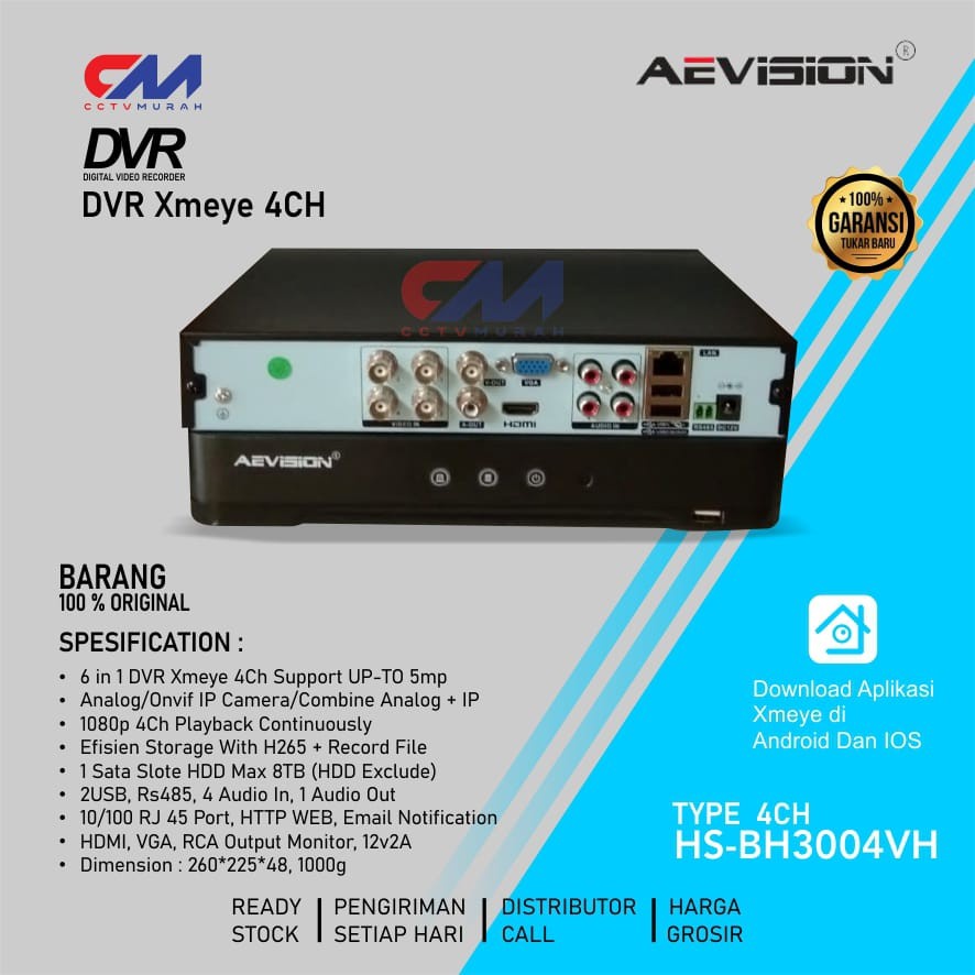 DVR Aevision 4CH 5MP, Resolusi 2560P Full HD, DVR 4 Channel H.265+ Video Compression