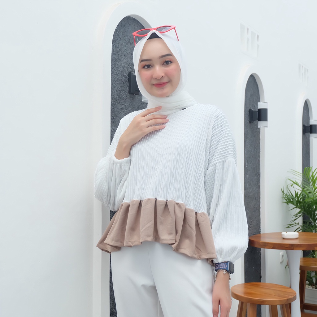 Blouse Putih Wanita Lengan Balon Plisket Premium - Atasan Crop Top Lengan Panjang - Baju Atasan Puti