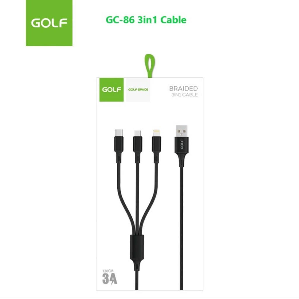 KABEL USB CHARGER DATA GOLF GC-86 3IN1 3A 120CM FAST CHARGING ( MICRO USB , TYPE C , LIGHTNING )