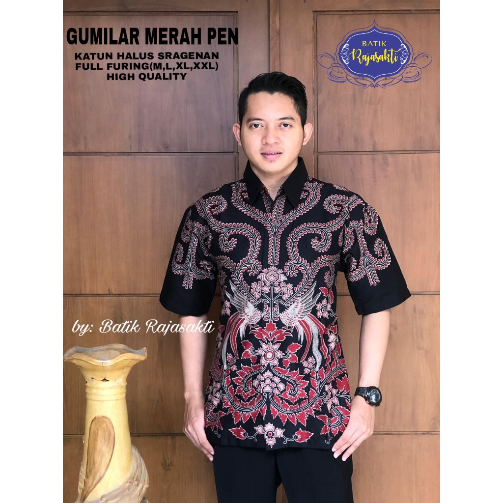 GUMILAR MERAH PEN Kemeja Batik Pria Lengan Pendek Katun Halus FULL FURING Rajasakti