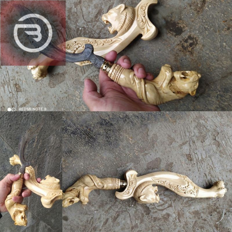 Sovenir Kujang Baja Pamor Damaskus Kayu Kopi Ukir