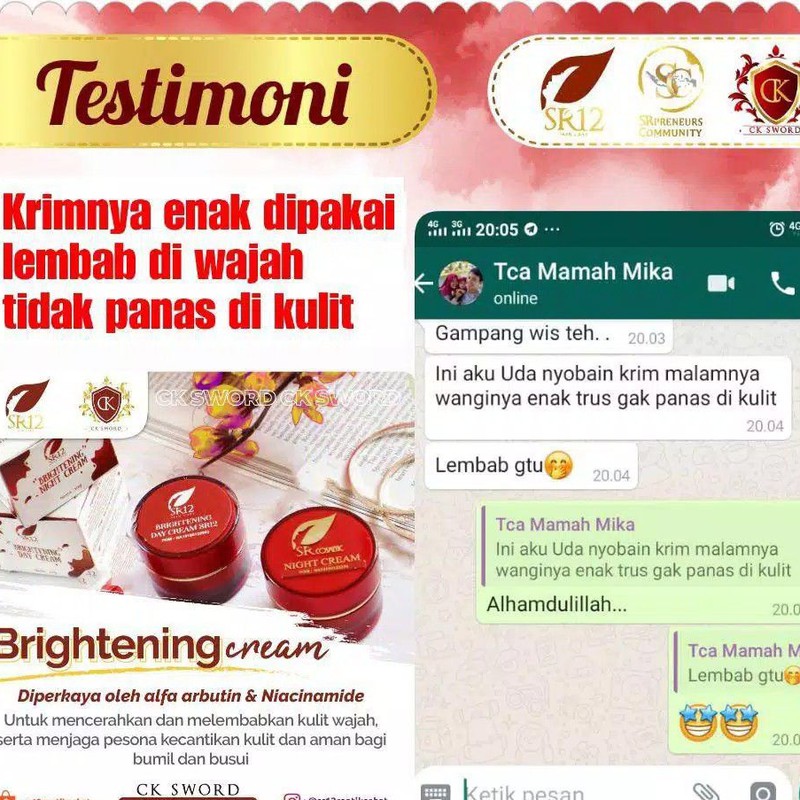 CREAM PENCERAH BPOM AMAN / KRIM SPF SR12 BRIGHTENING DAY &amp; NIGHT