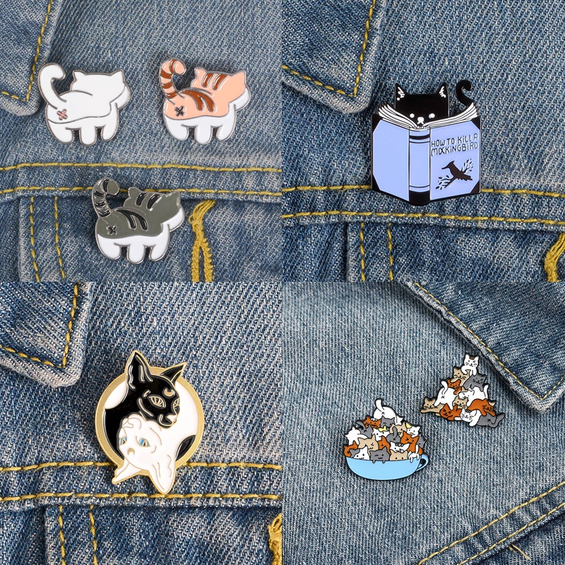 Bros pin Enamel Desain Kucing Planet Bulan Cakar Kafe Untuk Kerah Kemeja Tas Jeans