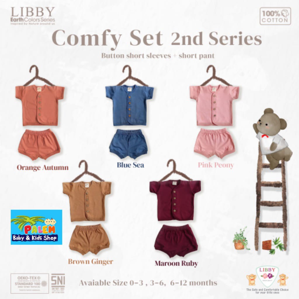 [ terbaru libby comfy set earth color series setelan pendek kancing depan isi (1stel/pack)