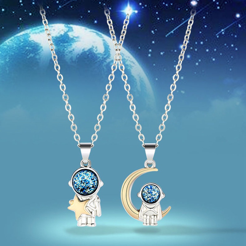 2Pcs New Personality Cute Astronaut Fashion Couple Pendant Necklace Hip Hop Style