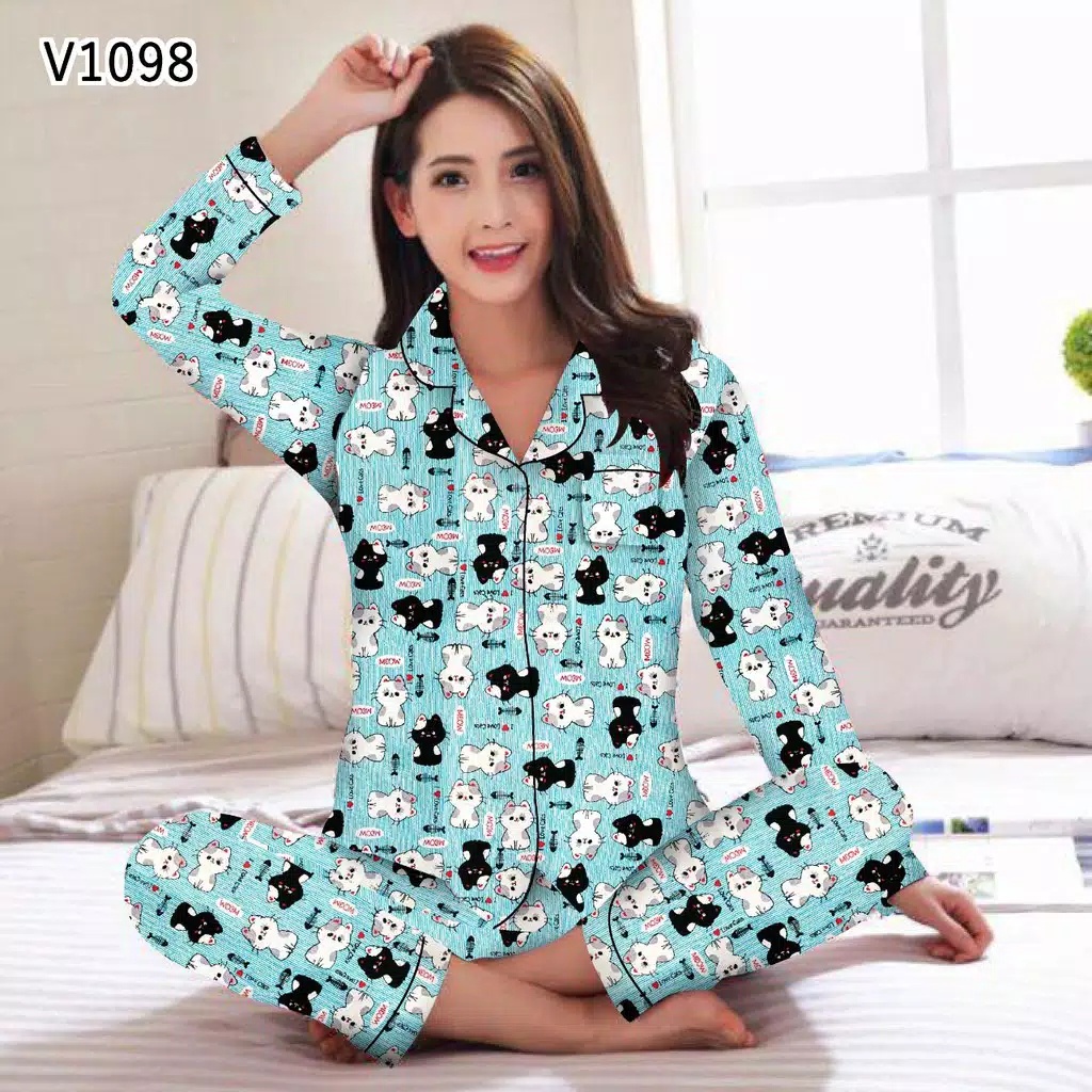 BAJU TIDUR WANITA/PIYAMA WANITA KATUN MOTIF KARAKTER LENGAN PANJANG PP