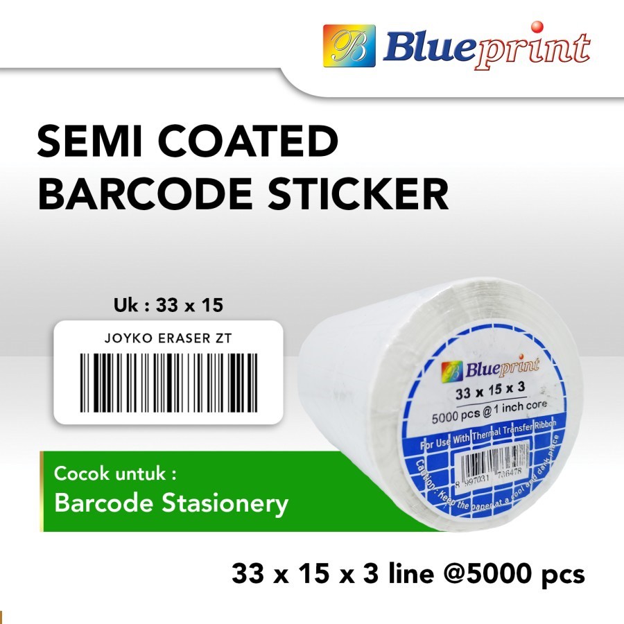 

STICKER LABEL BARCODE BLUEPRINT 33X15X3 SEMI COATED [ISI 5000PCS]