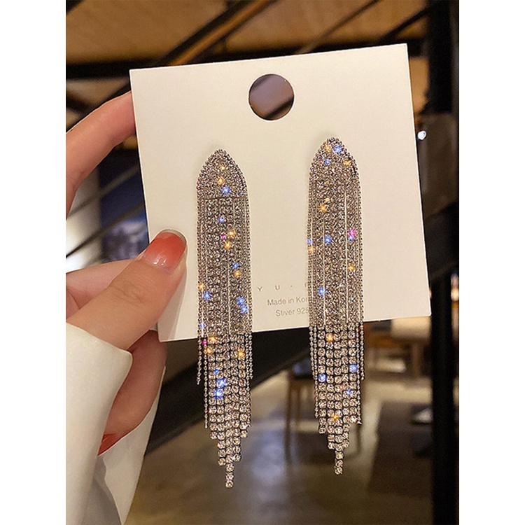 Anting Rumbai Panjang Bahan 925 Silver Needle Aksen Kristal Berlian Geometris Gaya Vintage