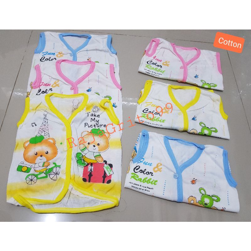 Baju Bayi Atasan Tanpa Lengan KATUN Print (Grosir 12pcs) Baju Bayi Yks / Baju bayi putih katun TC Motif