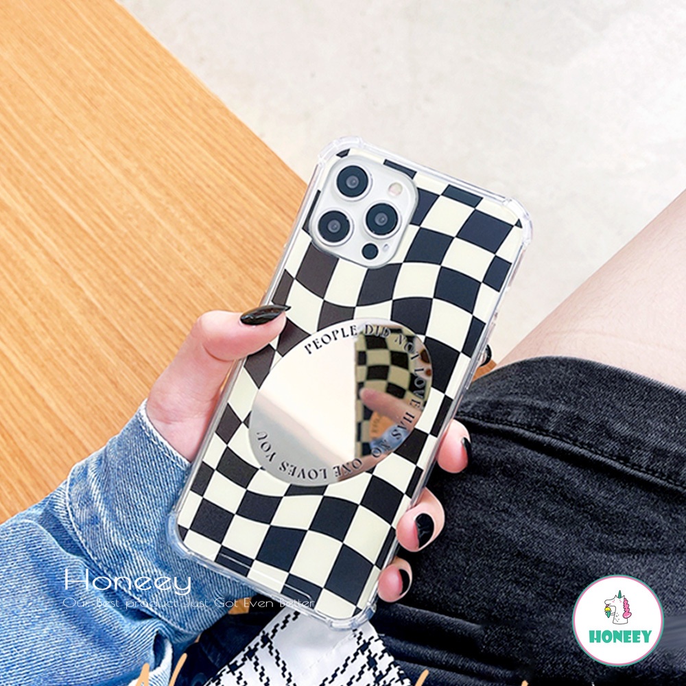 Ins Checkerboard Spin Make Up Mirror Phone Case compatible for IPhone 14 13 12 11 Pro Max X Xs Max XR 8 7 Plus Shockproof Transparent Soft TPU Back Cover